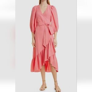 Nwot Linen Tencel Surplice Wrap Midi Dress In soft Pink Pockets Size L